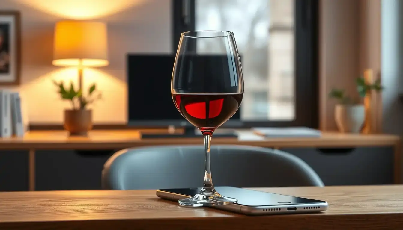 Verre de vin et smartphone affichant une application de santé pour le calcul alcoolémie.
