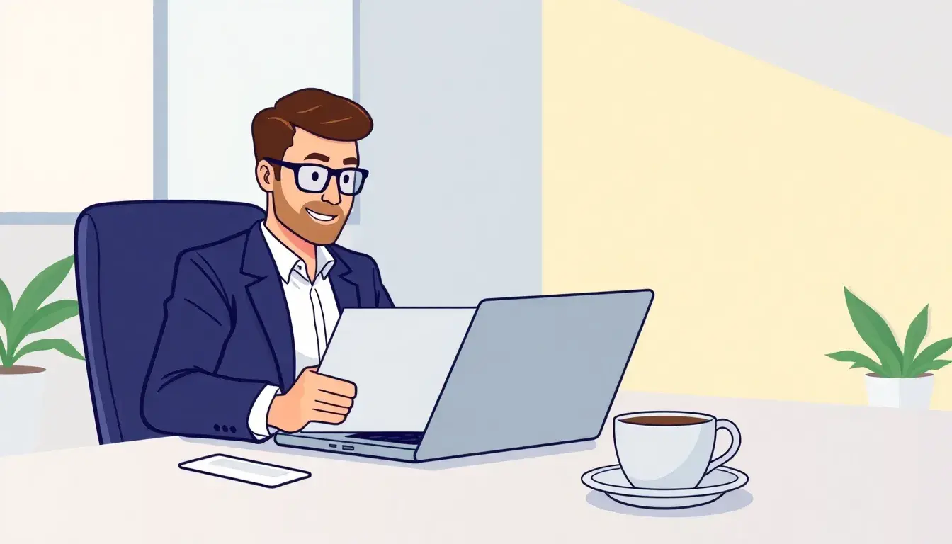 Homme d'affaires calculant ses frais kilométriques sur un ordinateur portable dans un bureau moderne.