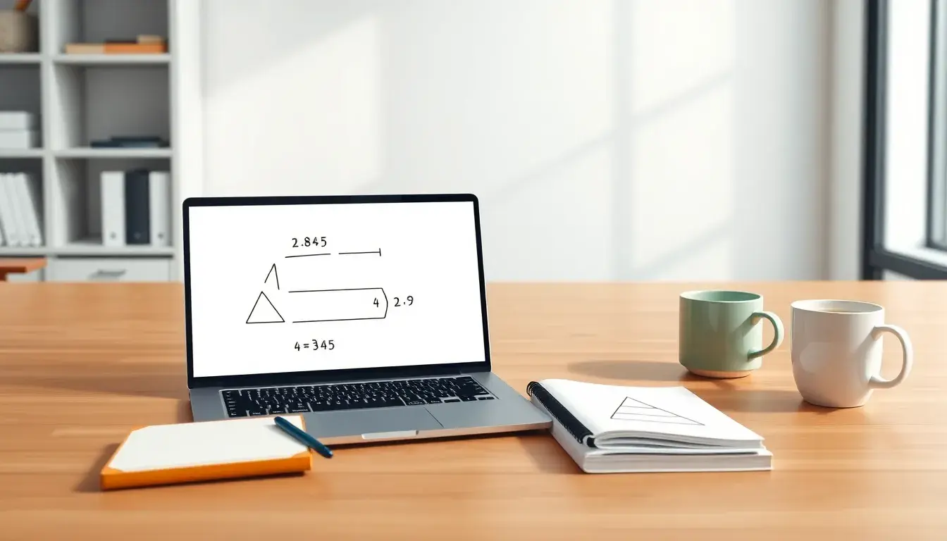 Espace de travail moderne montrant un calcul d'hypoténuse sur un écran d'ordinateur portable.