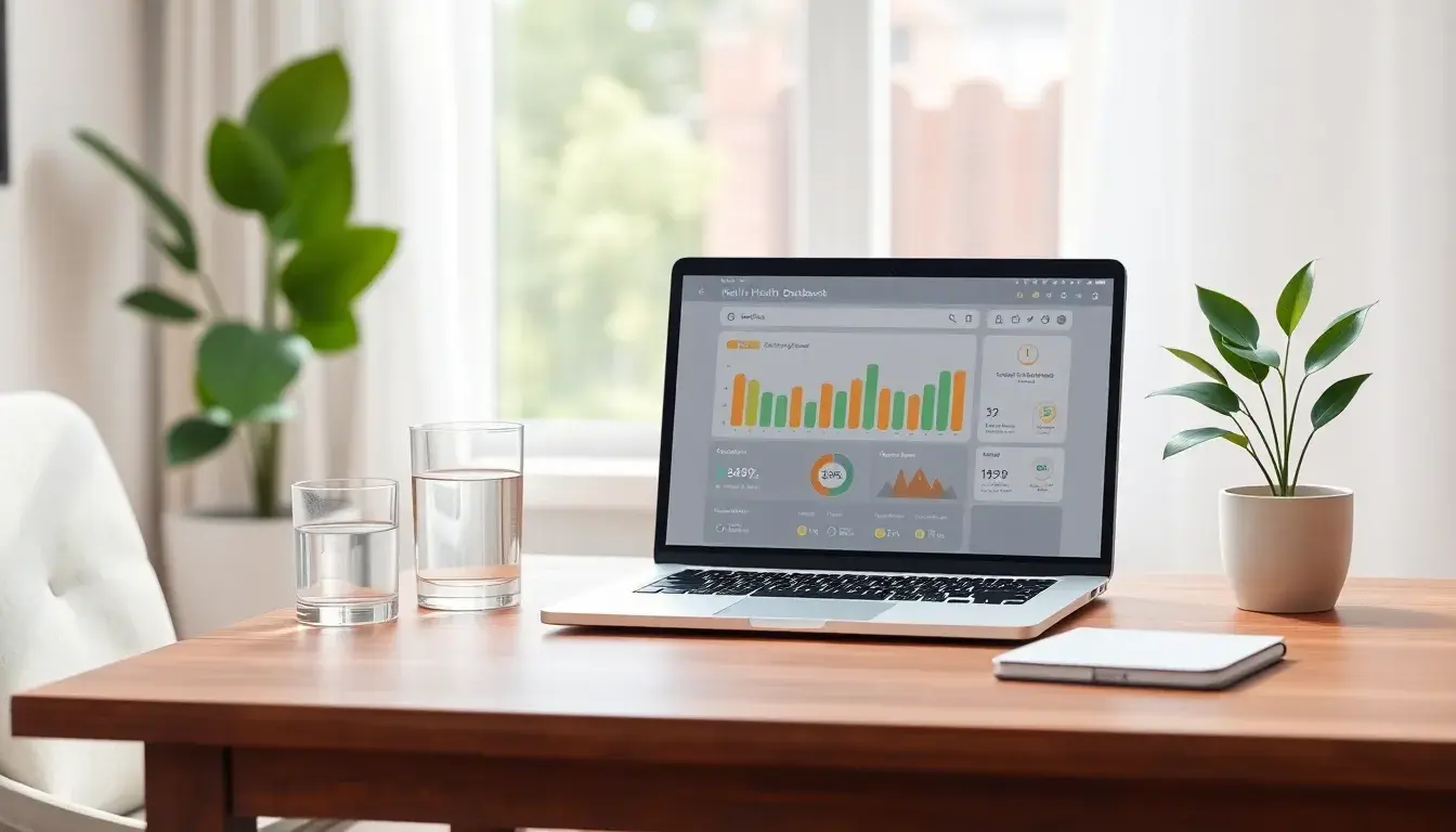 Dashboard de santé affichant un calcul poids idéal sur un ordinateur portable moderne.