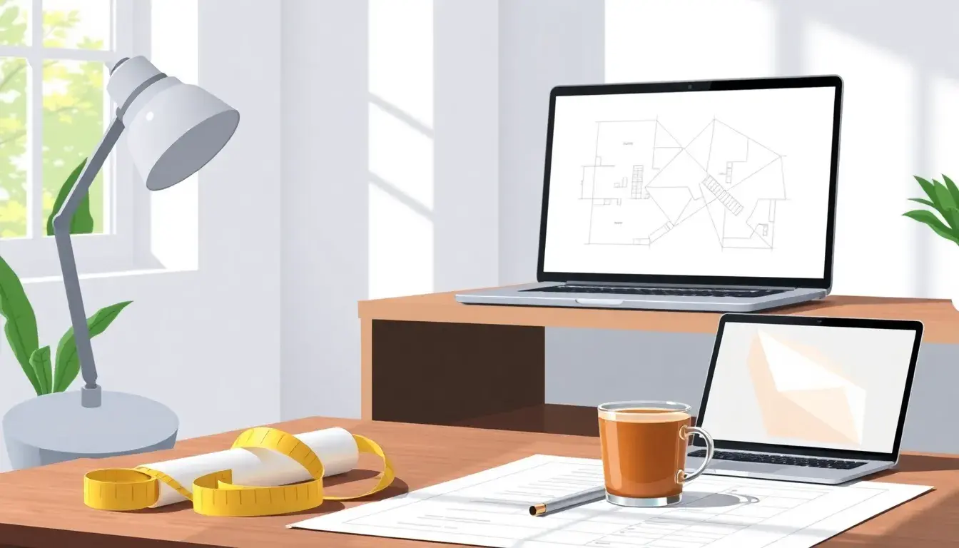 Plan de sol et ruban à mesurer pour le calcul m2 sur un bureau moderne