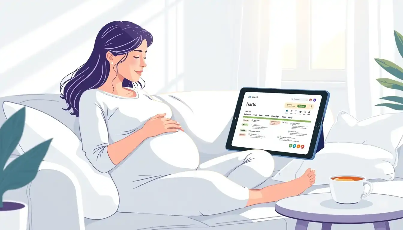 Femme enceinte consultant le calcul semaine d'aménorrhée sur une tablette