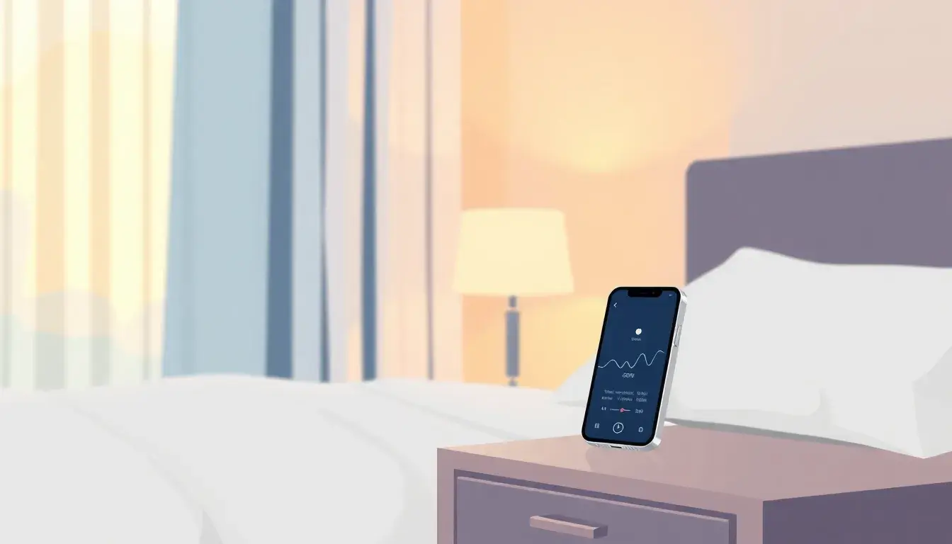 Smartphone affichant un graphique de calcul sommeil dans une chambre matinale
