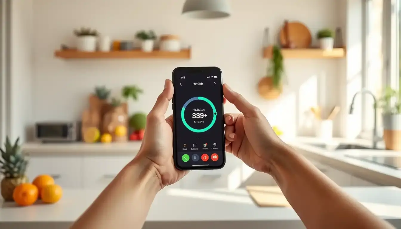 Smartphone affichant un calculateur calories dans une cuisine lumineuse avec des fruits frais