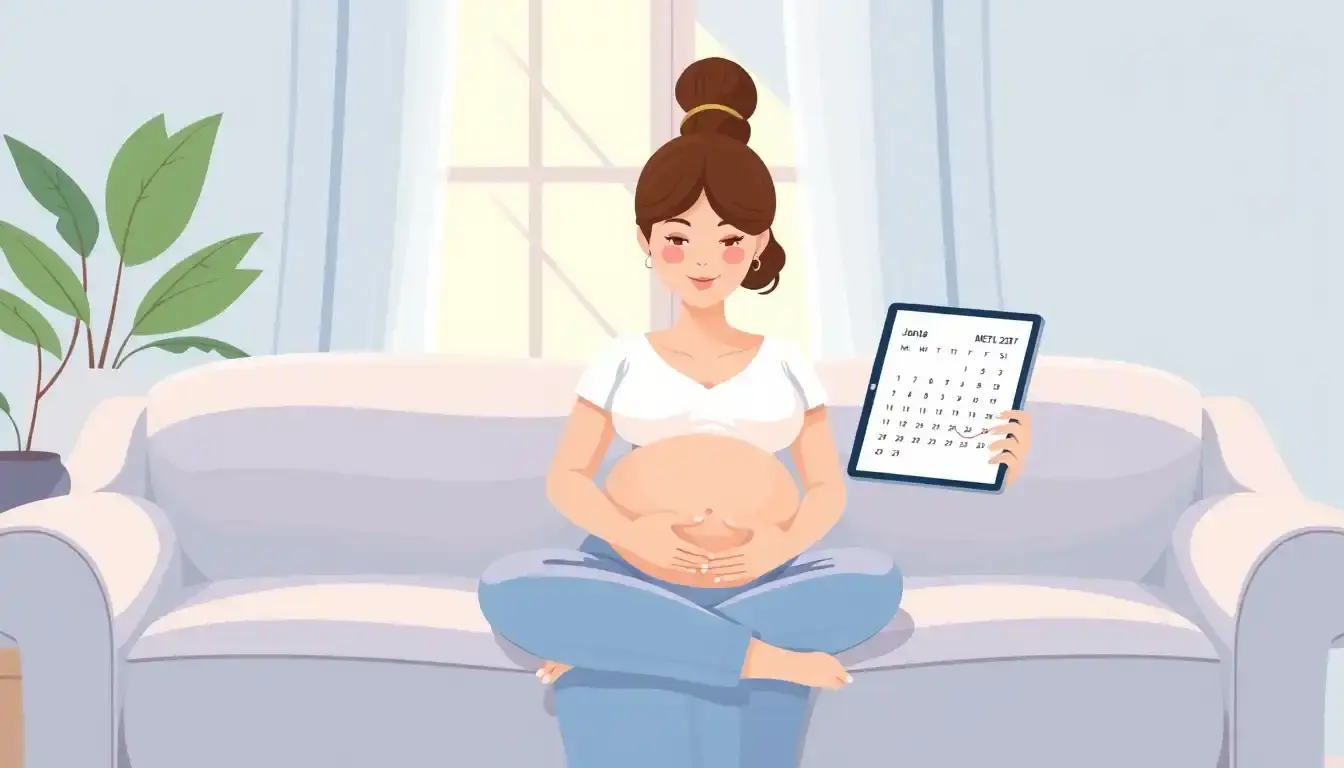 Femme enceinte consultant sereinement un calendrier de grossesse sur tablette numérique