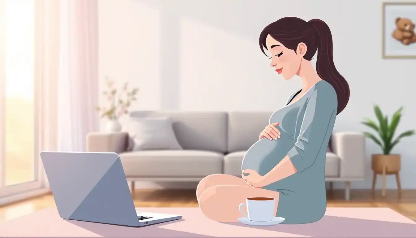 Femme enceinte consultant un calendrier de grossesse sur un ordinateur portable dans un salon moderne.