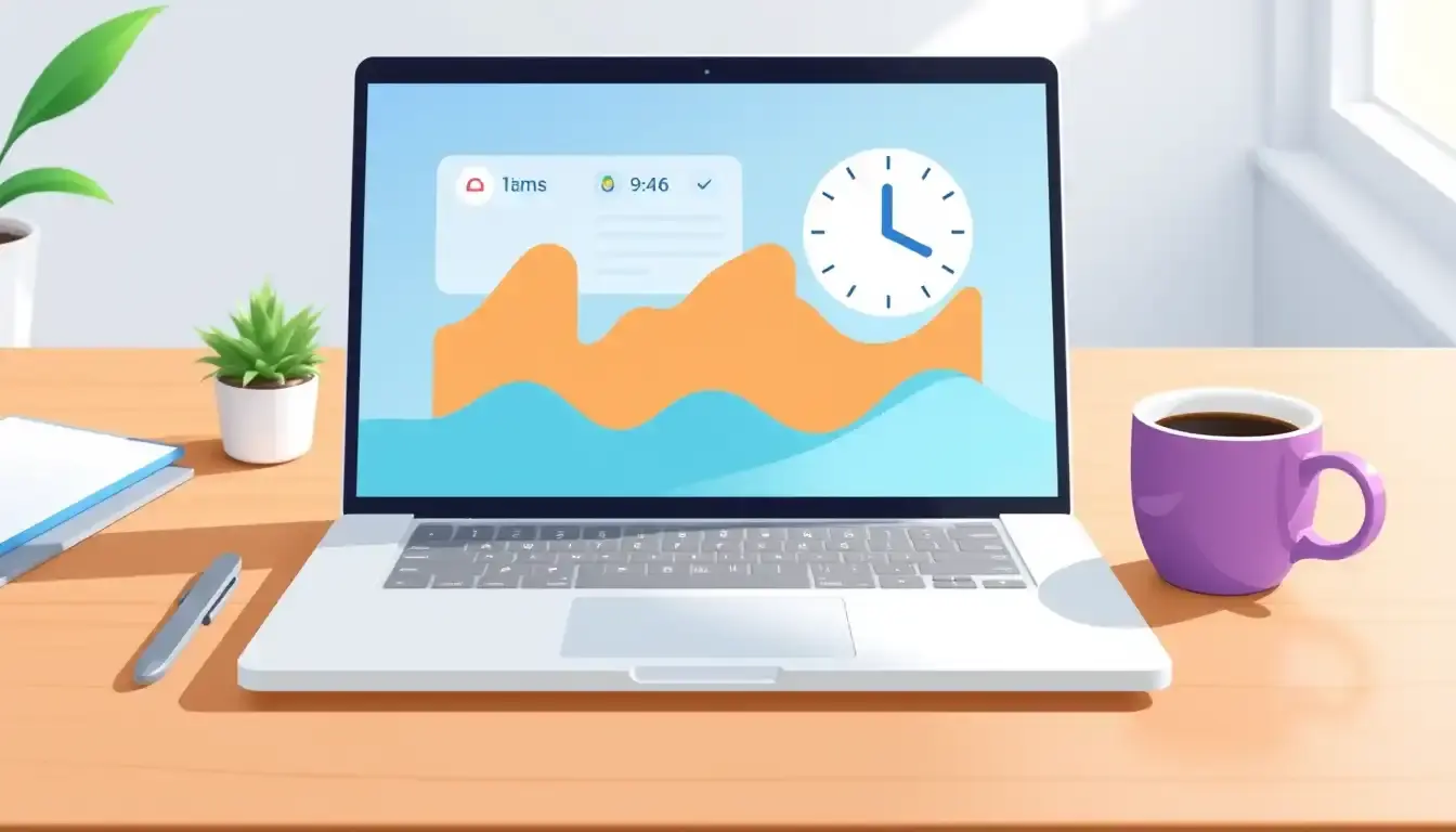 Interface de gestion du temps sur un ordinateur portable dans un bureau moderne