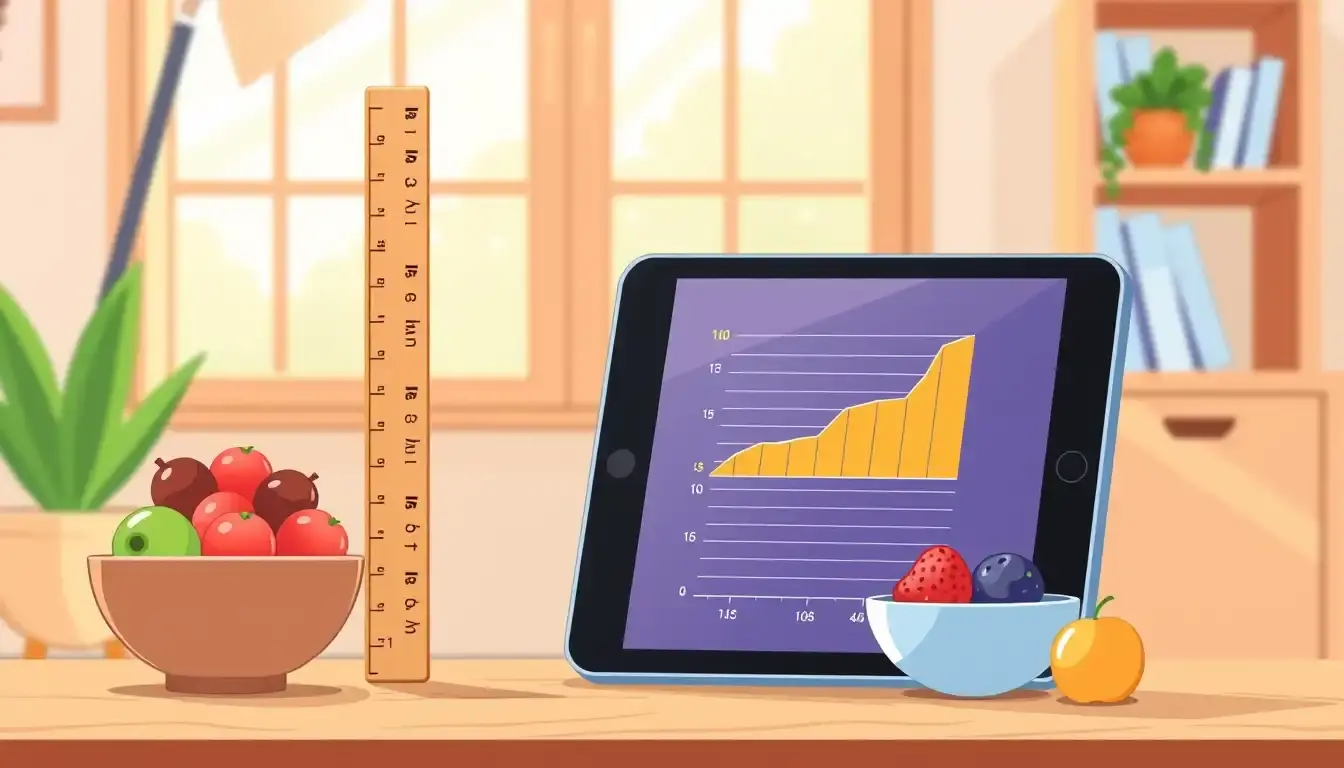 Tablette affichant une courbe de croissance à côté d'une toise en bois pour enfant.