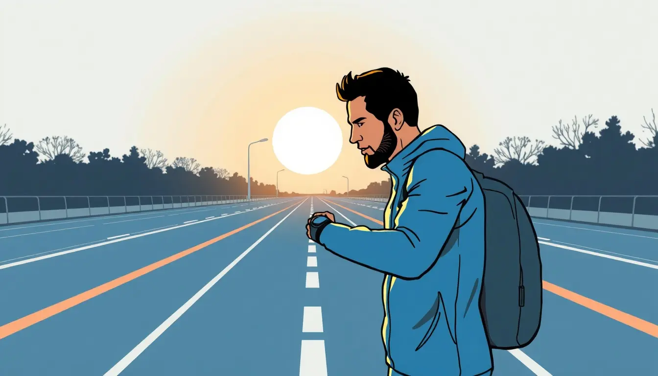 Athlète vérifiant son calcul vitesse sur une montre connectée en courant