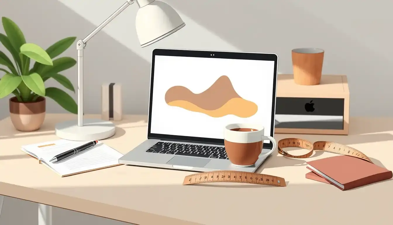 Ordinateur portable affichant des données de santé et un ruban à mesurer sur un bureau clair.