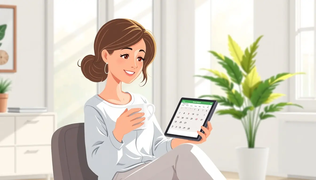 Femme consultant son calendrier de santé sur tablette dans un salon lumineux