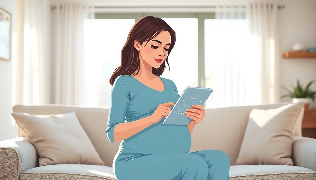 Femme enceinte consultant un calendrier de grossesse sur une tablette dans un salon lumineux.