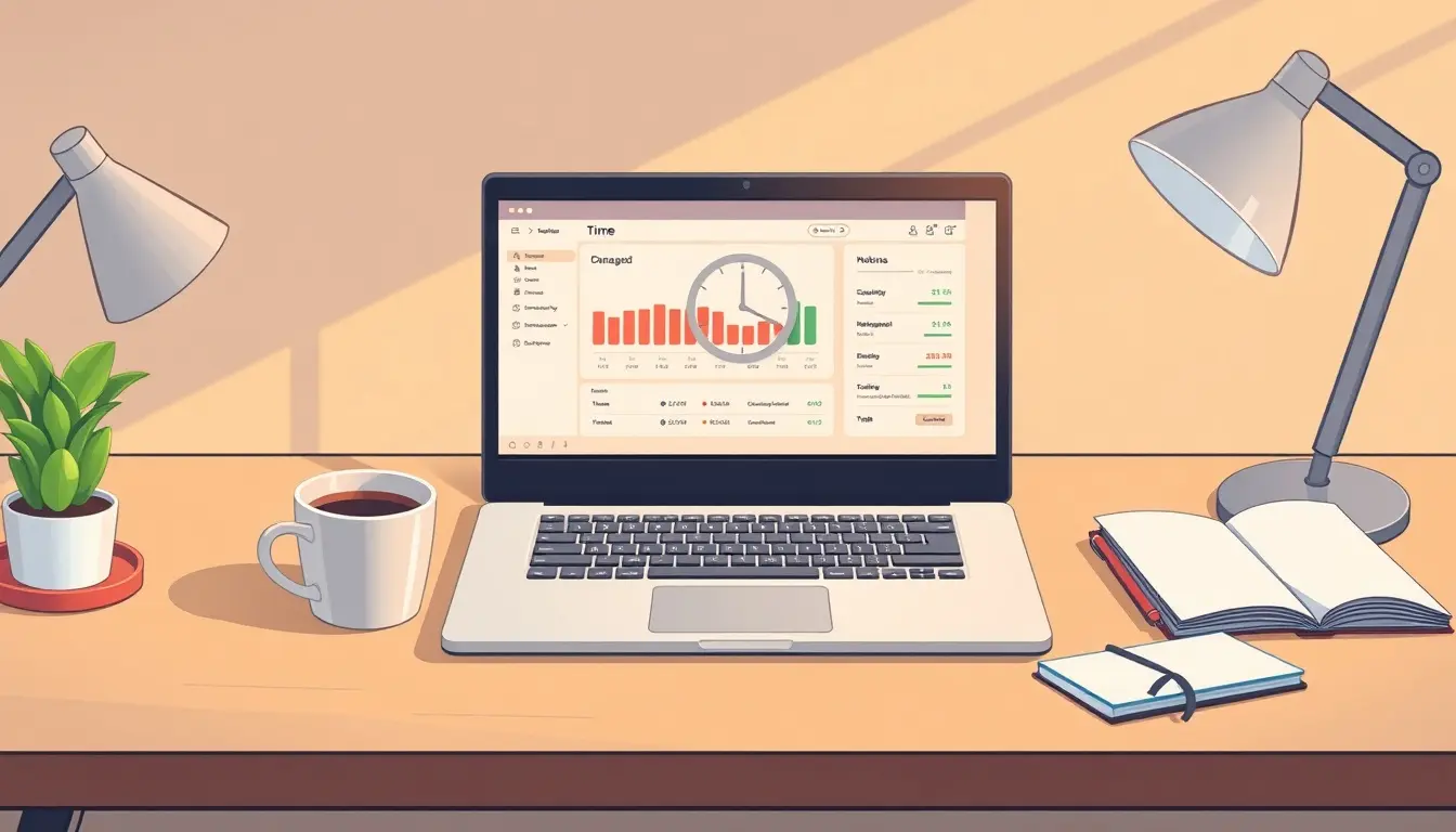 Ordinateur portable affichant une calculatrice d'heure sur un bureau moderne avec café.
