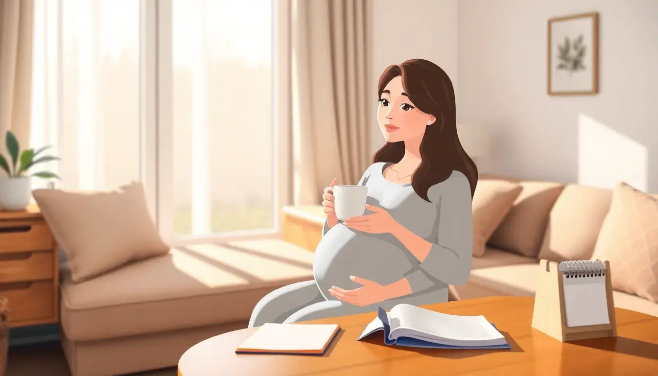 Une femme enceinte sereine consultant un calendrier dans un salon lumineux.