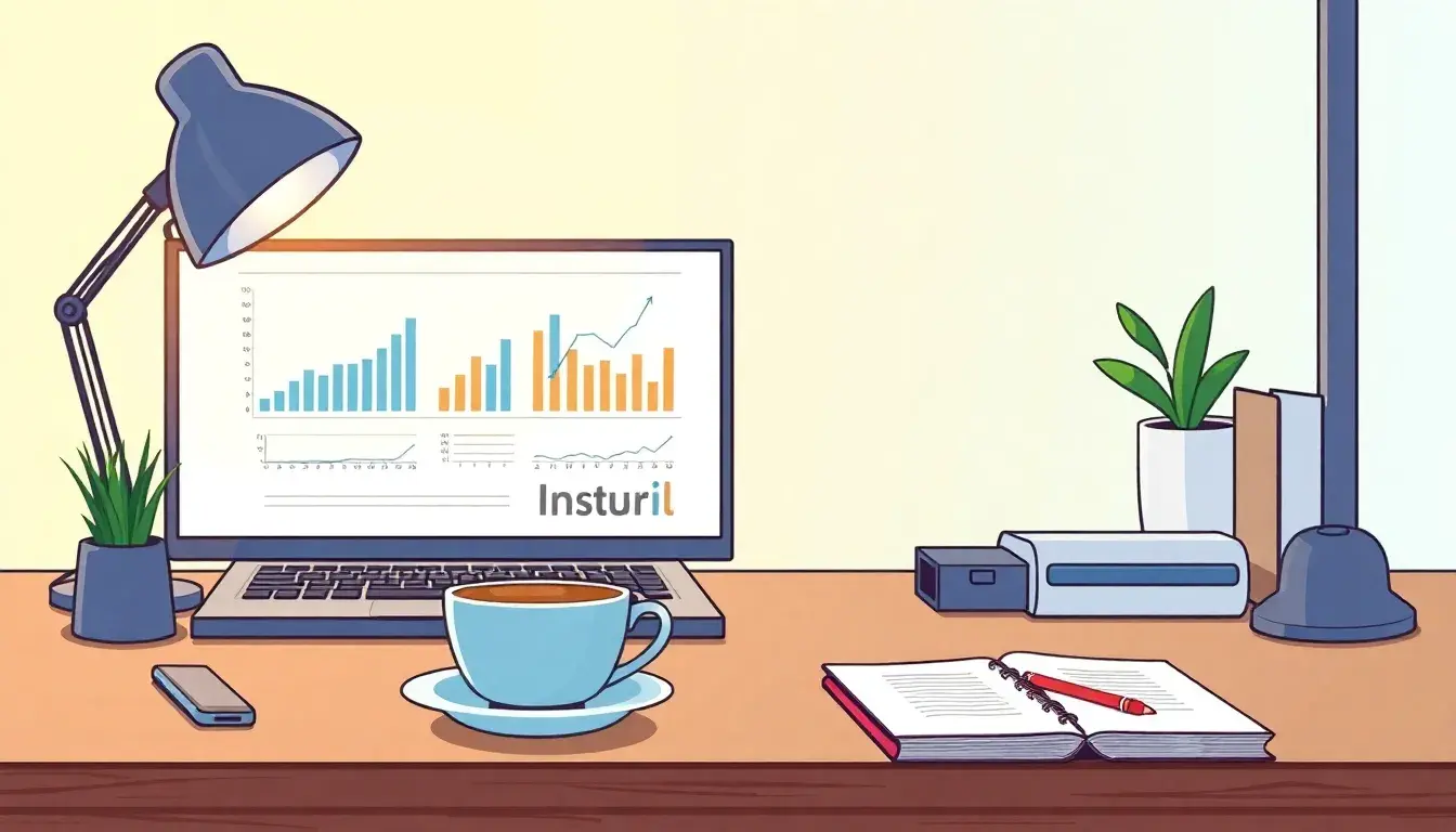 Espace de travail moderne avec ordinateur portable affichant des statistiques de moyenne calcul