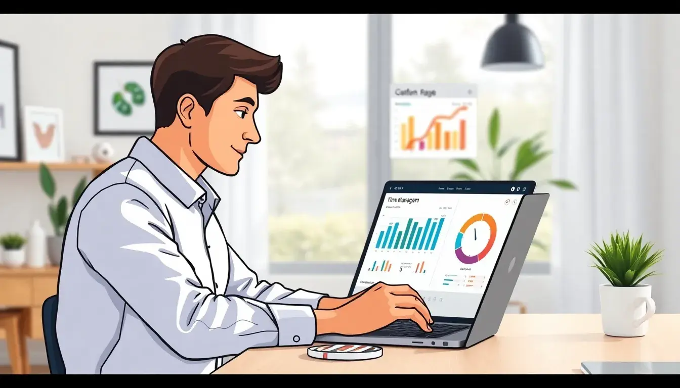 Professionnel utilisant un ordinateur pour un calcul heures dans un bureau moderne