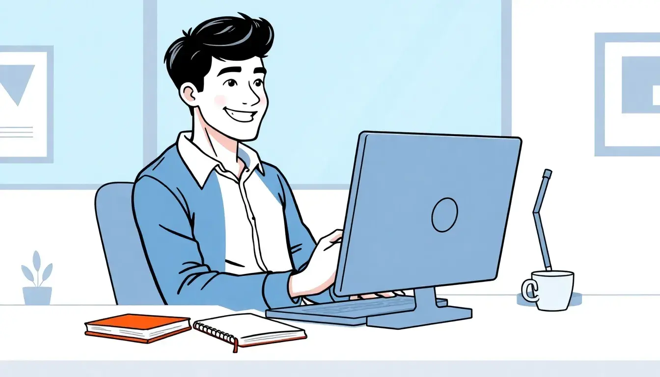 Étudiant utilisant un ordinateur pour un calcul moyenne dans un bureau propre