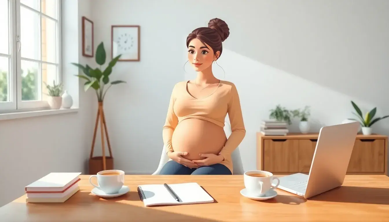 Femme enceinte planifiant son congé maternité dans un bureau lumineux et moderne