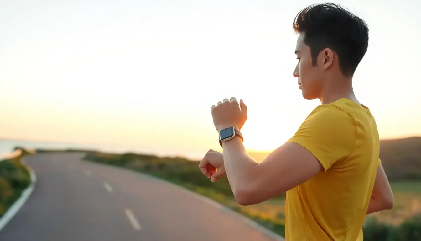 Coureur regardant sa montre connectée pour vérifier son allure de course