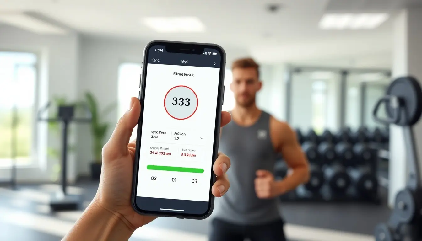 Écran de smartphone affichant un résultat de calcul de l'IMC dans une salle de sport lumineuse.