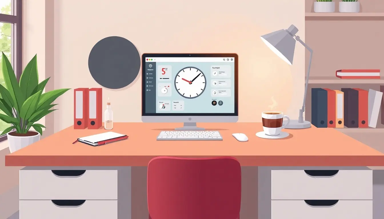 Interface de gestion du temps sur un ordinateur portable dans un bureau lumineux.