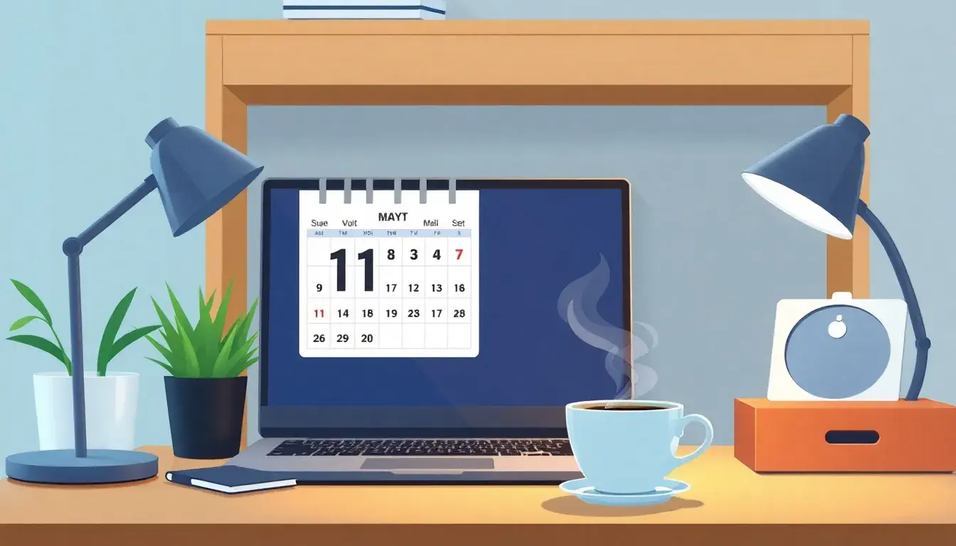 Espace de travail moderne avec ordinateur affichant un calendrier pour le calcul des heures.