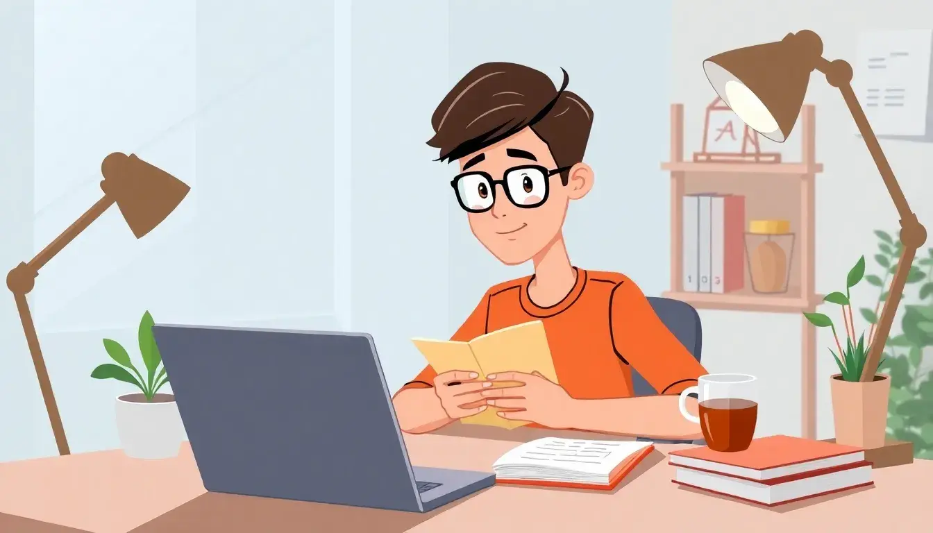 Étudiant révisant comment calculer une moyenne sur un ordinateur portable dans un bureau moderne.