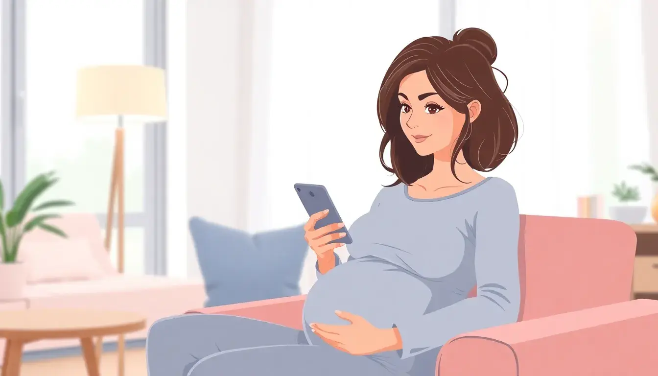 Femme enceinte utilisant un calculateur grossesse sur son smartphone dans un salon calme