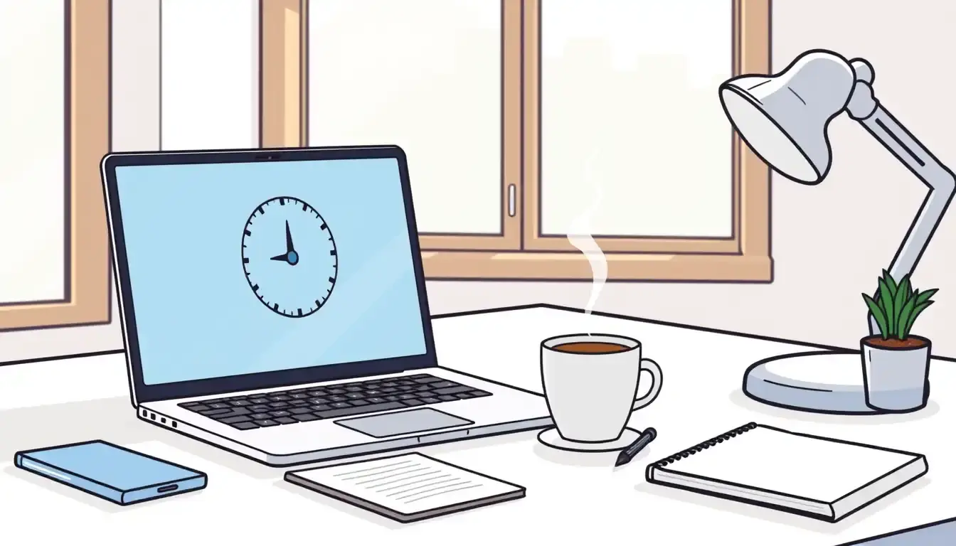 Bureau professionnel moderne avec ordinateur et café illustrant la gestion du temps pour calculer heure de travail