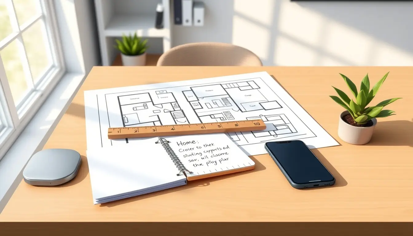 Un plan d'appartement avec une règle et un bloc-notes pour calculer m2