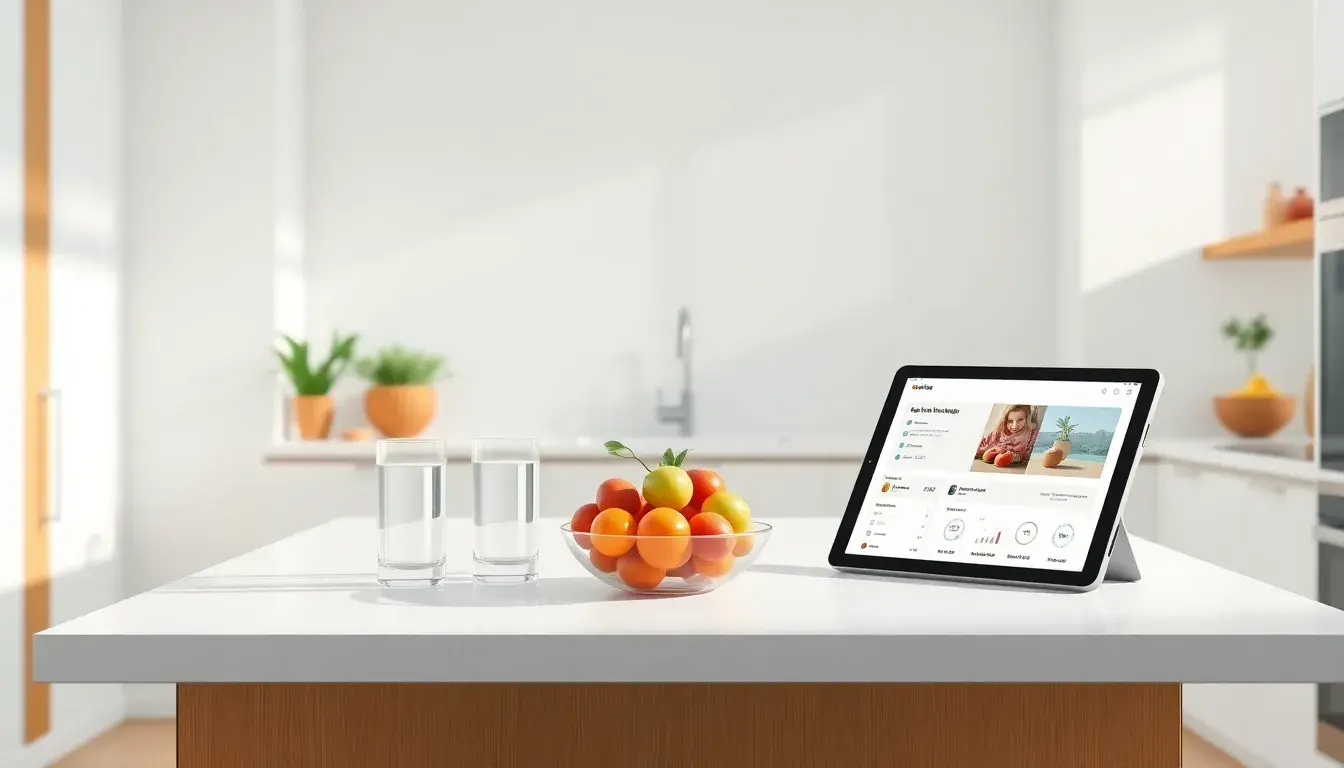Tablette affichant des données de santé à côté de fruits frais