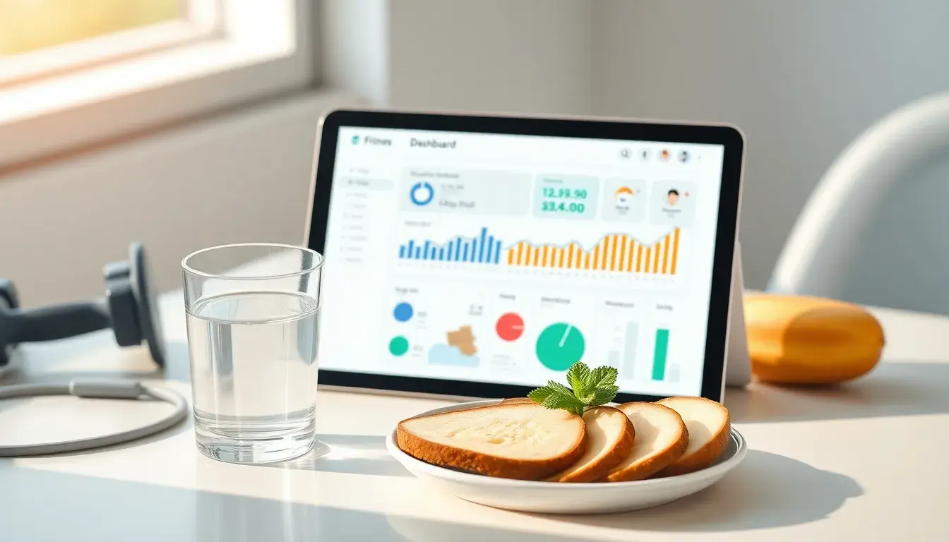 Petit-déjeuner équilibré à côté d'une tablette affichant des données de santé pour calculer son métabolisme de base.