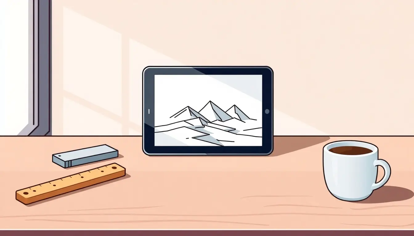 Tablette affichant un dessin géométrique à côté d'une règle en bois sur un bureau moderne