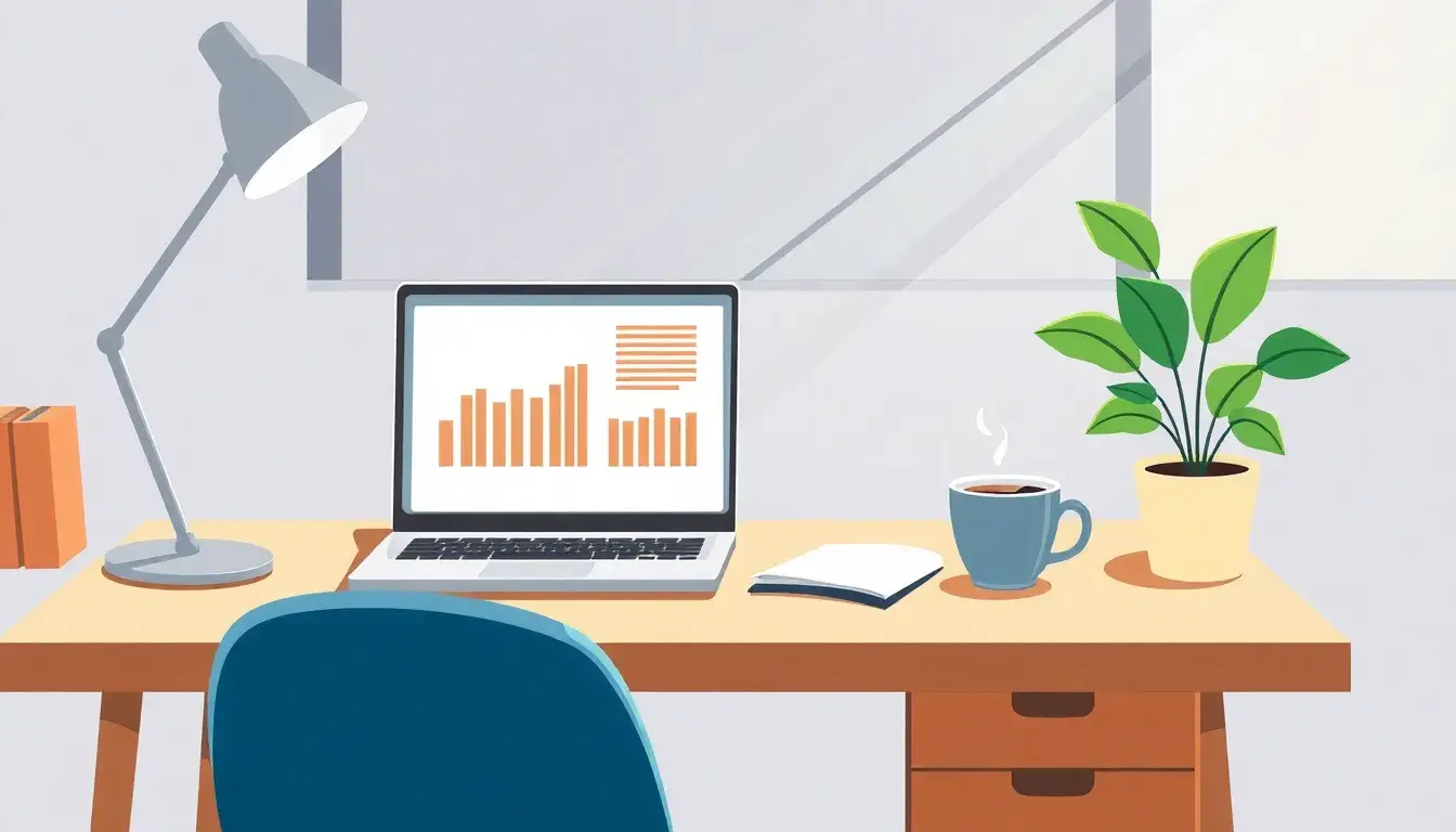 Espace de travail professionnel avec ordinateur portable affichant des données financières et quotient familial calcul.