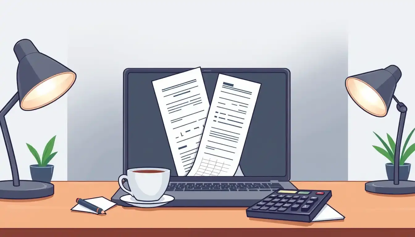Bureau de travail avec ordinateur portable affichant des données financières de ttc ht calcul.