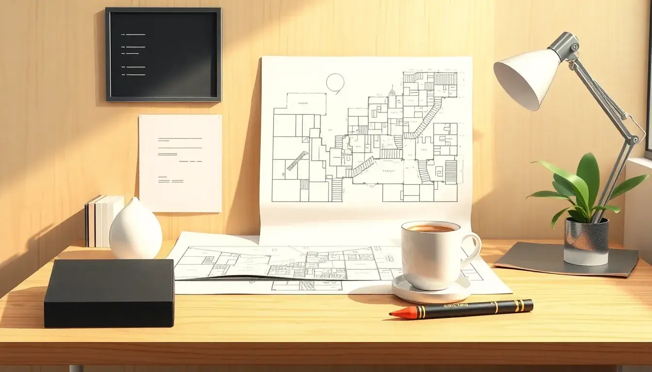 Plan de maison avec mètre ruban et crayon sur bureau