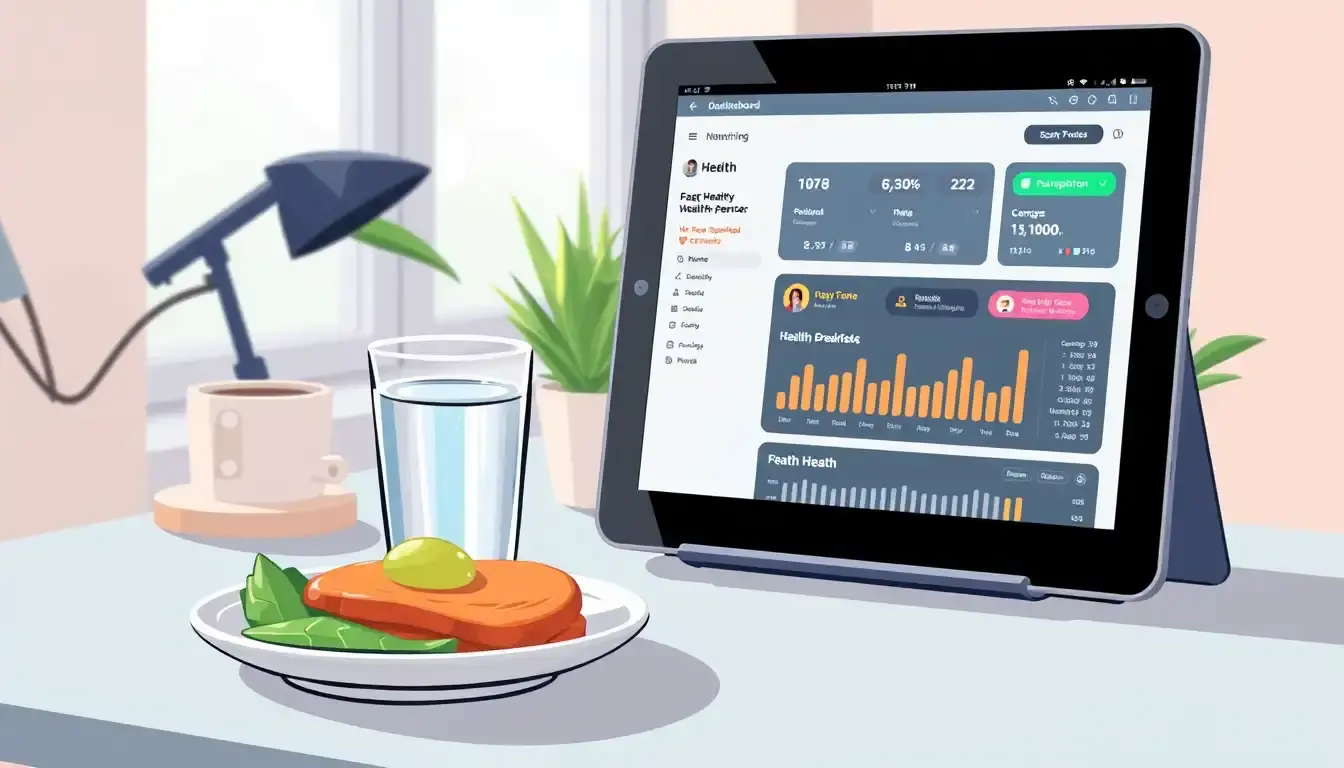 Tablette affichant des données de santé à côté d'un petit-déjeuner équilibré