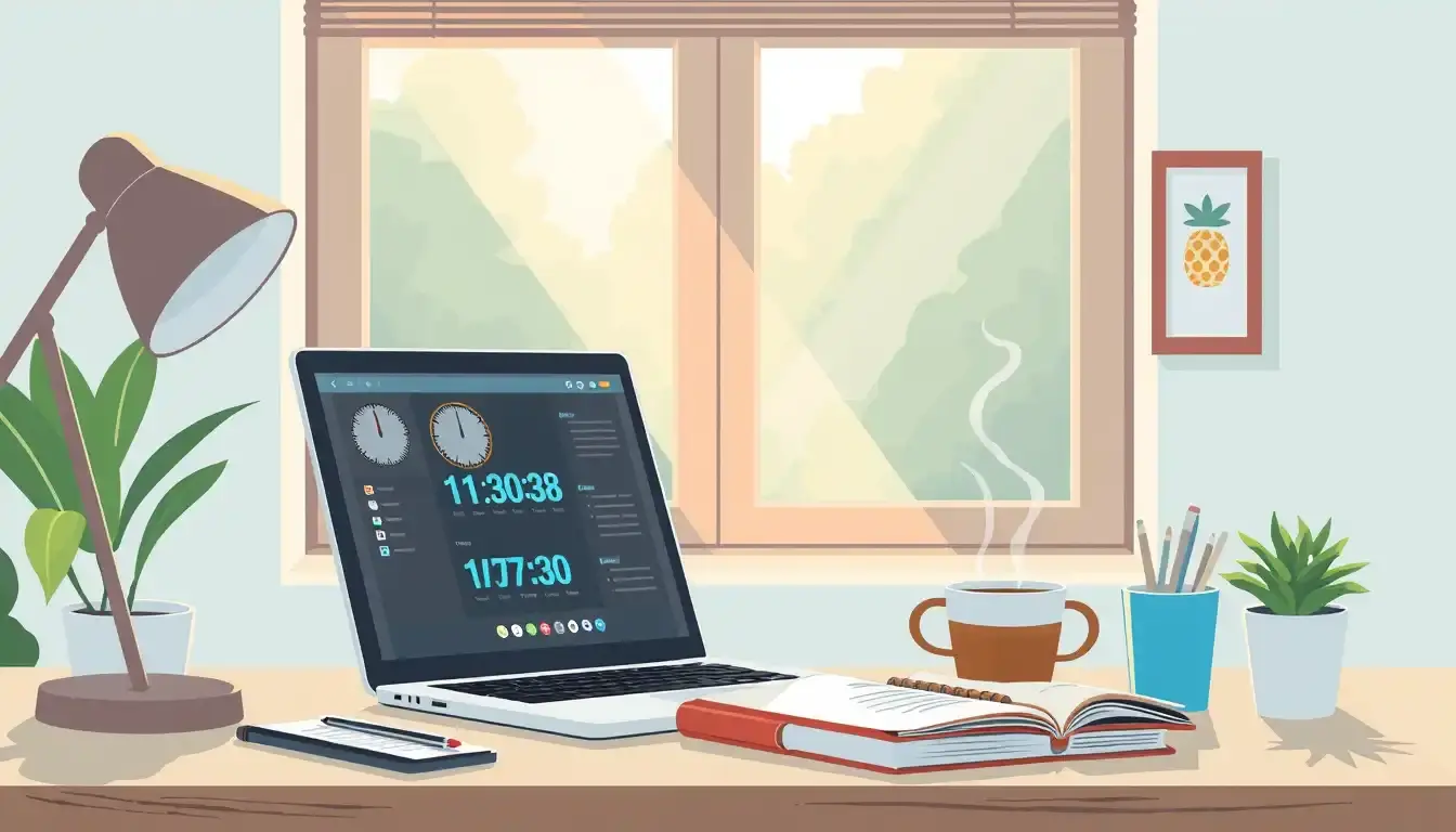 Bureau moderne avec ordinateur portable affichant un calendrier pour le calcul heure de travail
