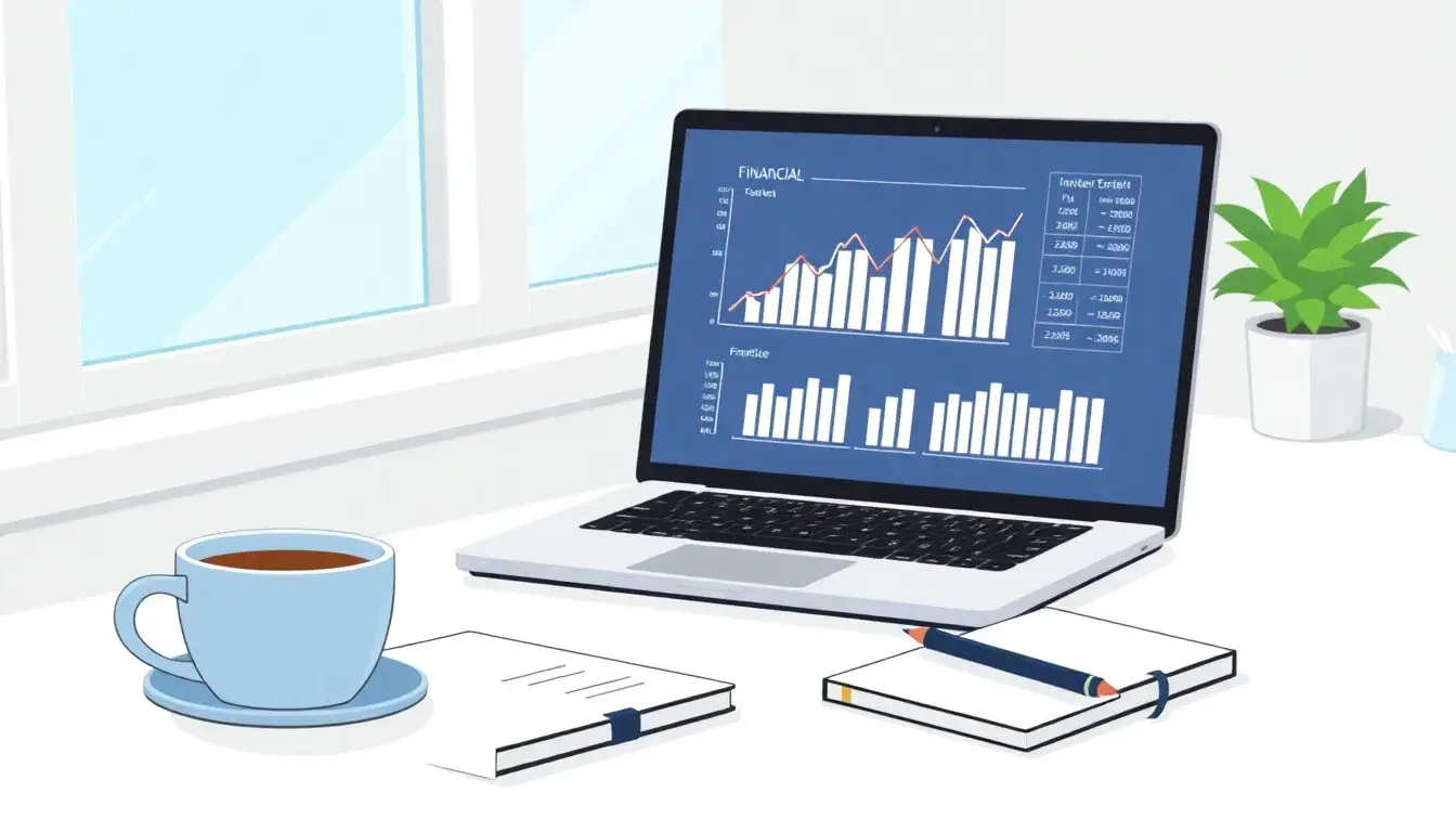 Bureau moderne avec ordinateur portable affichant des graphiques financiers pour calcul HT et TTC.