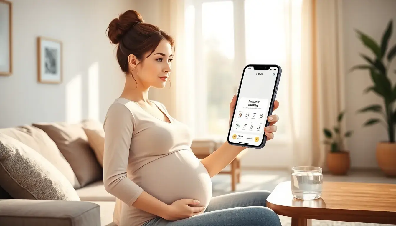 Femme enceinte utilisant un smartphone pour un calcul pour grossesse dans un salon lumineux.