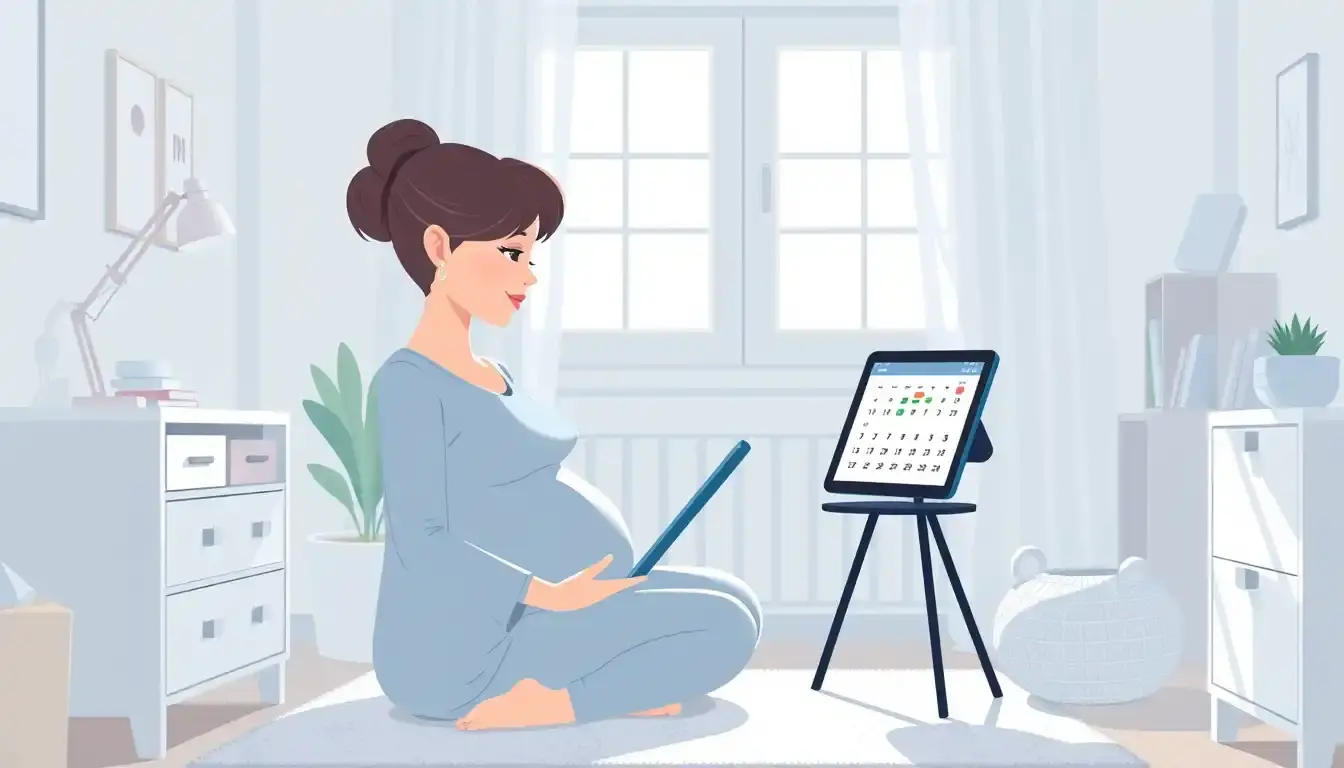 Femme enceinte consultant son calendrier de grossesse sur une tablette numérique