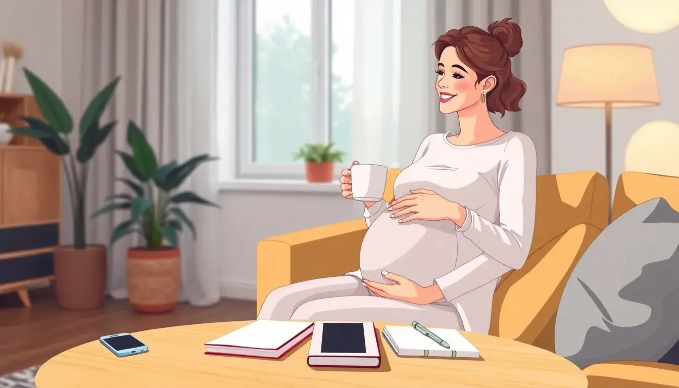 Femme enceinte consultant son smartphone pour calculer sa grossesse dans un salon lumineux