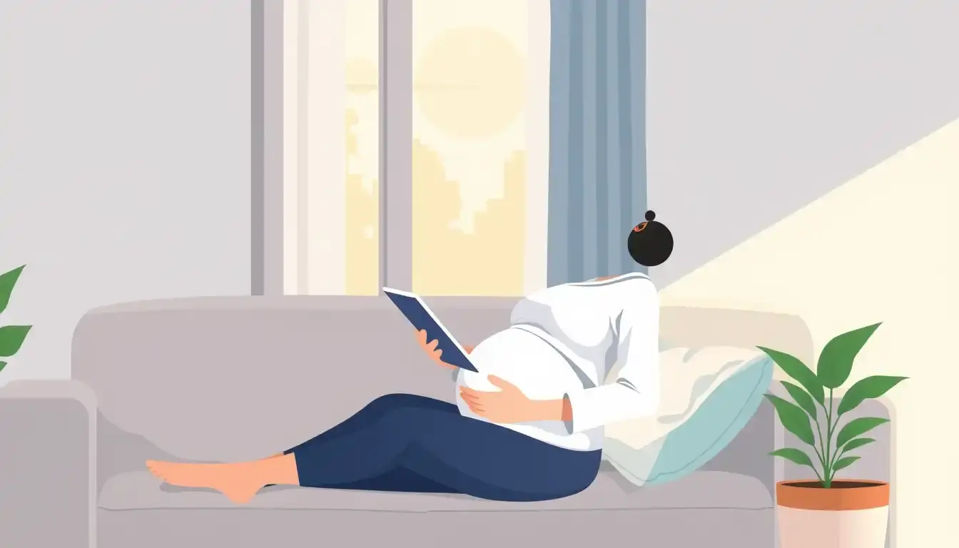 Femme enceinte consultant son suivi de grossesse sur une tablette numérique.